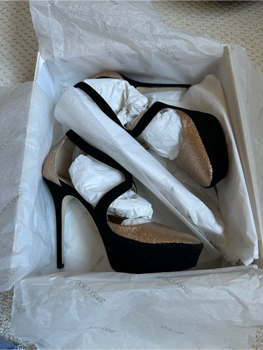 Jimmy Choo Tulip Black Suede and Gold Glitter High Heel Platform Pumps